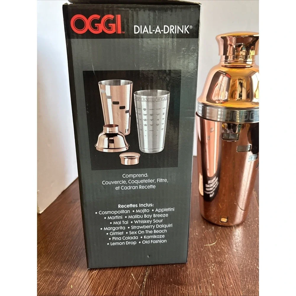 Oggi COCKTAIL SHAKER Dial-A-Drink 15 Cocktail Recipes Stainless‎ Copp/ 4PC MIXER